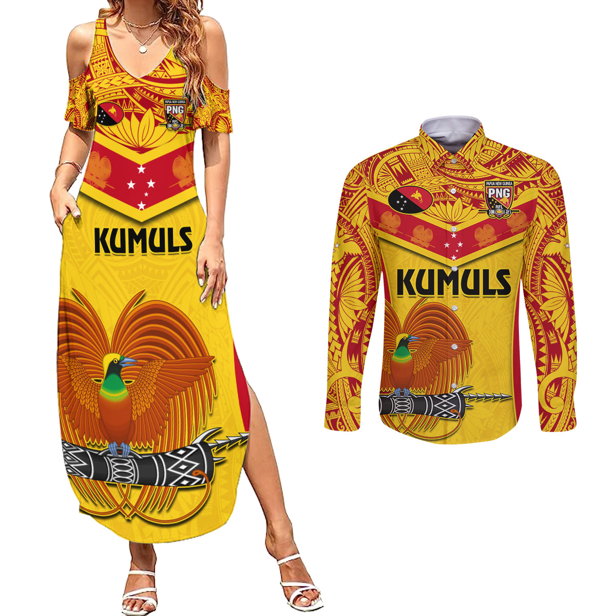 Custom Papua New Guinea Rugby Couples Matching Summer Maxi Dress and Long Sleeve Button Shirt 2023 Go Kumuls Pacific Dynamic Style - Wonder Print Shop