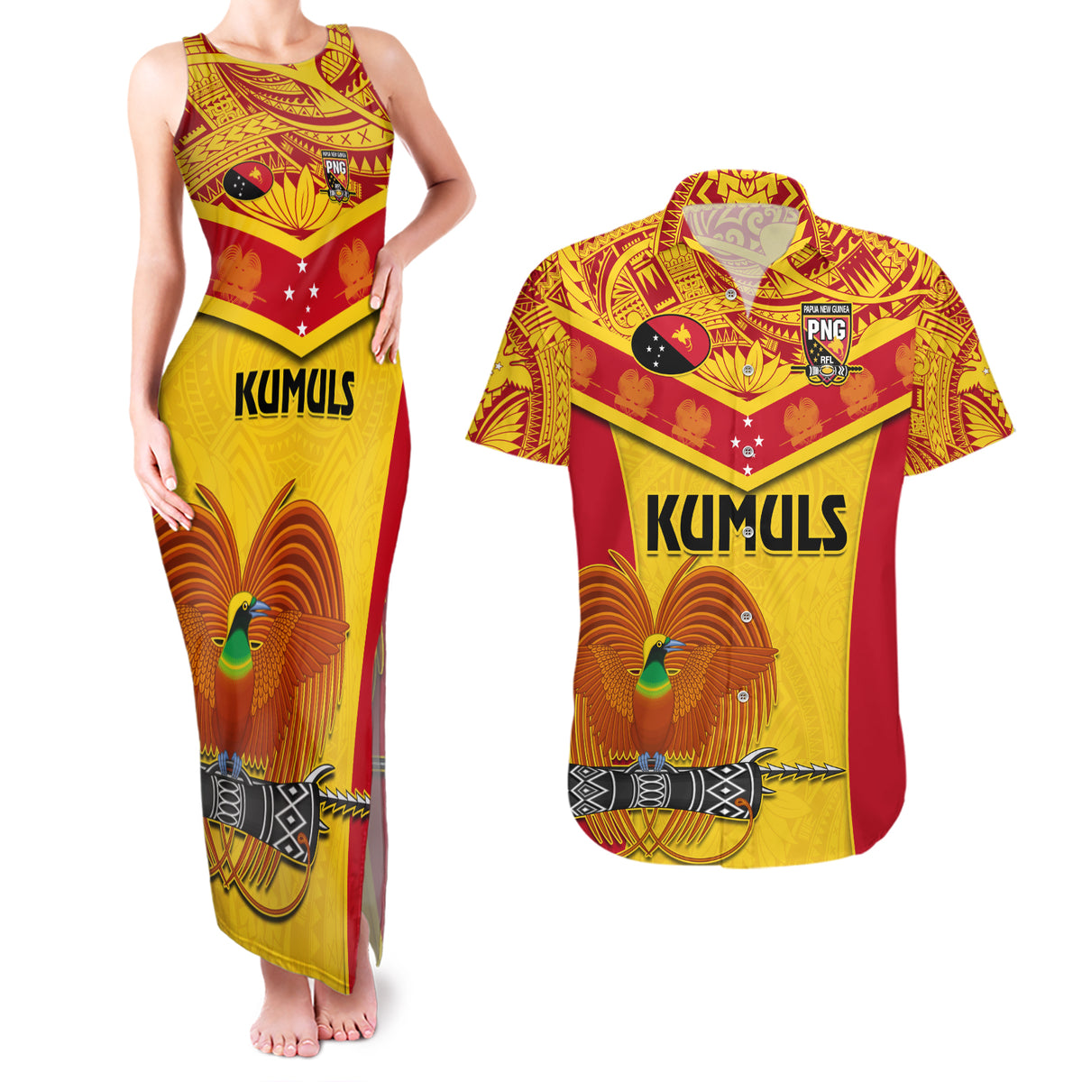 Custom Papua New Guinea Rugby Couples Matching Tank Maxi Dress and Hawaiian Shirt 2023 Go Kumuls Pacific Dynamic Style - Wonder Print Shop
