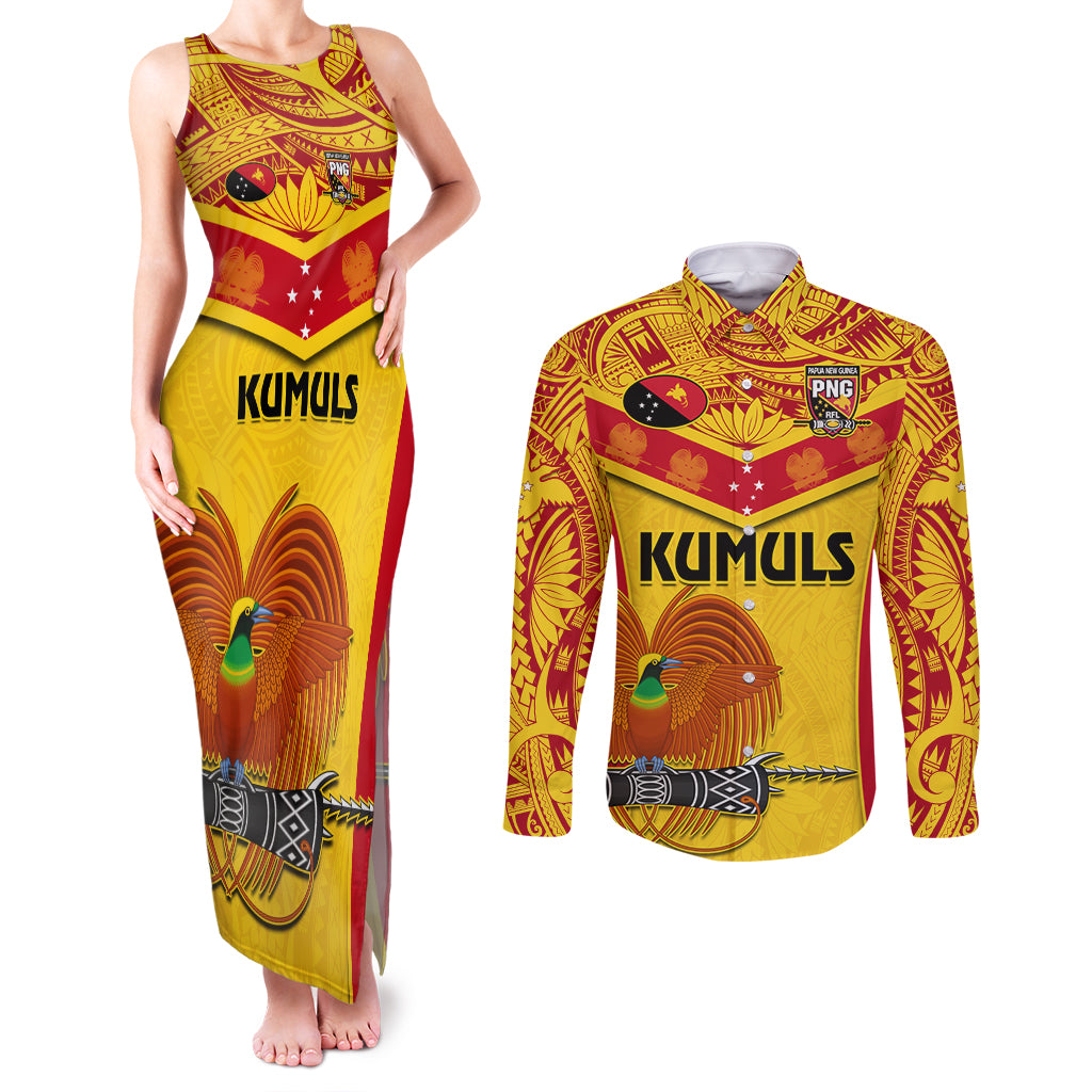 Custom Papua New Guinea Rugby Couples Matching Tank Maxi Dress and Long Sleeve Button Shirt 2023 Go Kumuls Pacific Dynamic Style - Wonder Print Shop