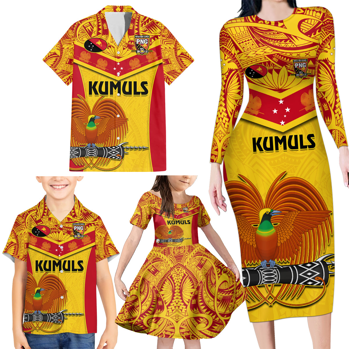 Custom Papua New Guinea Rugby Family Matching Long Sleeve Bodycon Dress and Hawaiian Shirt 2023 Go Kumuls Pacific Dynamic Style - Wonder Print Shop