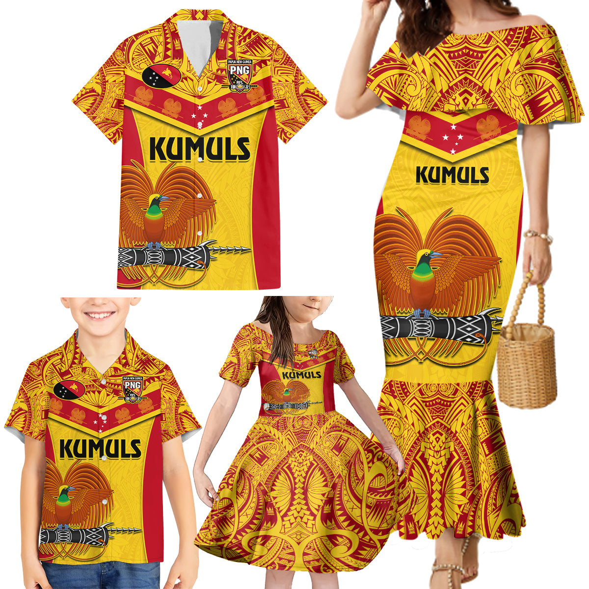 Custom Papua New Guinea Rugby Family Matching Mermaid Dress and Hawaiian Shirt 2023 Go Kumuls Pacific Dynamic Style - Wonder Print Shop