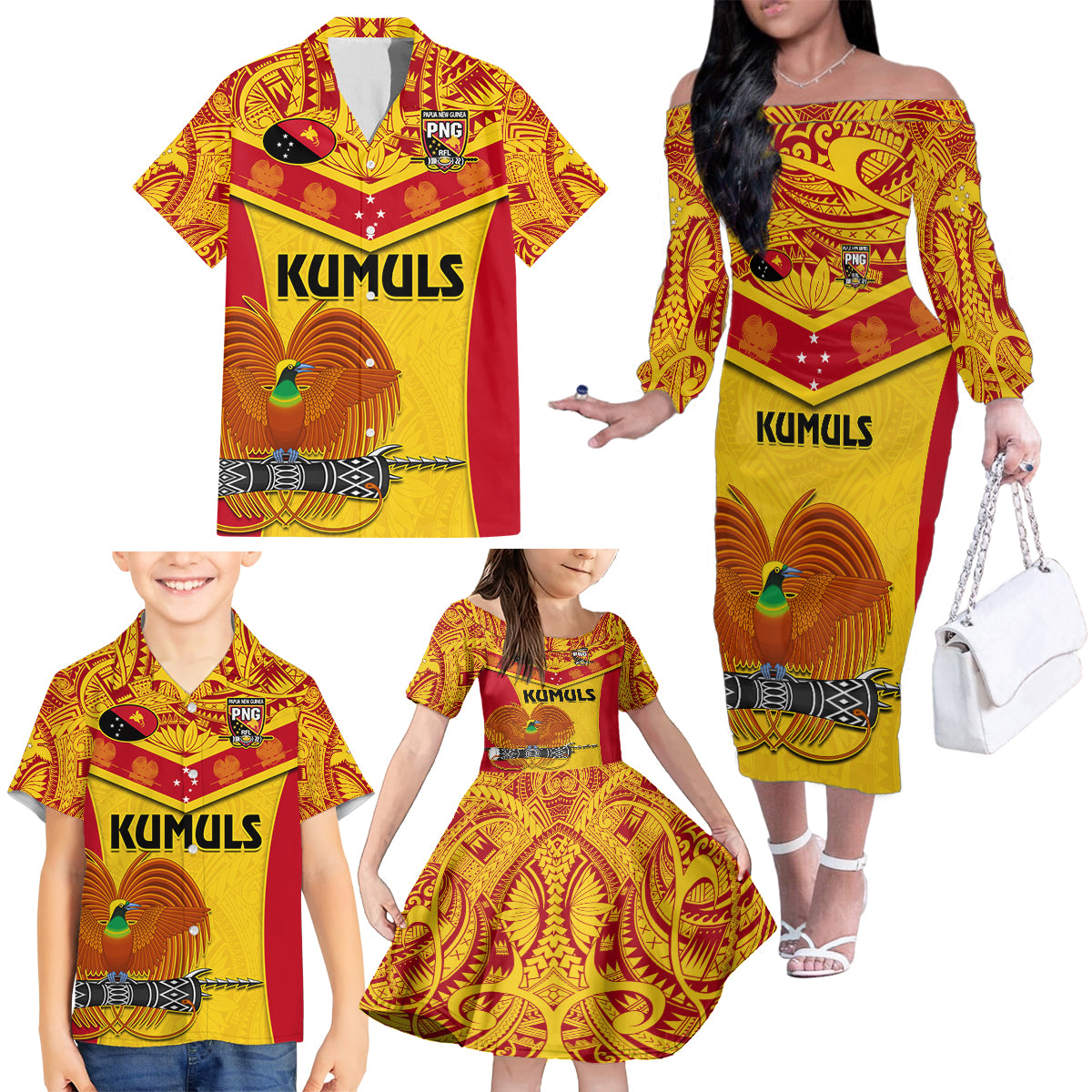 Custom Papua New Guinea Rugby Family Matching Off Shoulder Long Sleeve Dress and Hawaiian Shirt 2023 Go Kumuls Pacific Dynamic Style - Wonder Print Shop