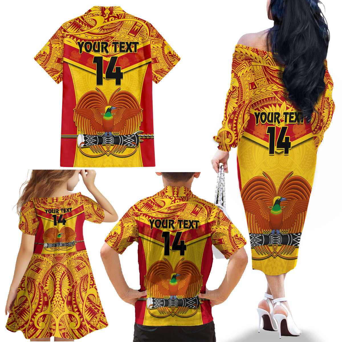Custom Papua New Guinea Rugby Family Matching Off Shoulder Long Sleeve Dress and Hawaiian Shirt 2023 Go Kumuls Pacific Dynamic Style - Wonder Print Shop