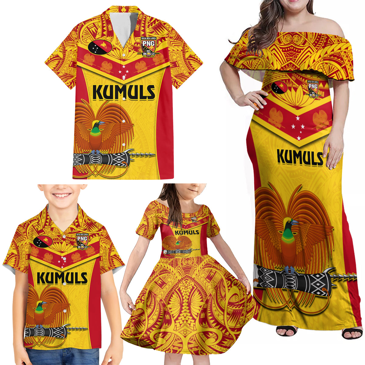 Custom Papua New Guinea Rugby Family Matching Off Shoulder Maxi Dress and Hawaiian Shirt 2023 Go Kumuls Pacific Dynamic Style - Wonder Print Shop