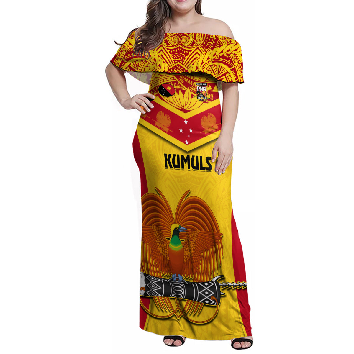 Custom Papua New Guinea Rugby Family Matching Off Shoulder Maxi Dress and Hawaiian Shirt 2023 Go Kumuls Pacific Dynamic Style - Wonder Print Shop