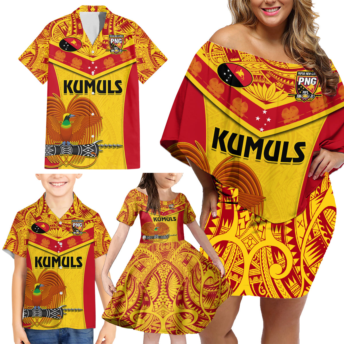 Custom Papua New Guinea Rugby Family Matching Off Shoulder Short Dress and Hawaiian Shirt 2023 Go Kumuls Pacific Dynamic Style - Wonder Print Shop