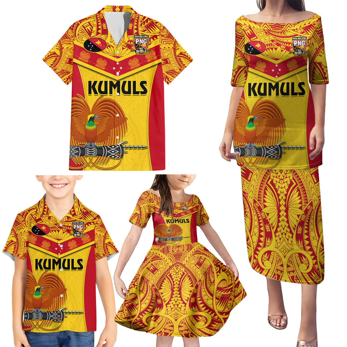 Custom Papua New Guinea Rugby Family Matching Puletasi Dress and Hawaiian Shirt 2023 Go Kumuls Pacific Dynamic Style - Wonder Print Shop
