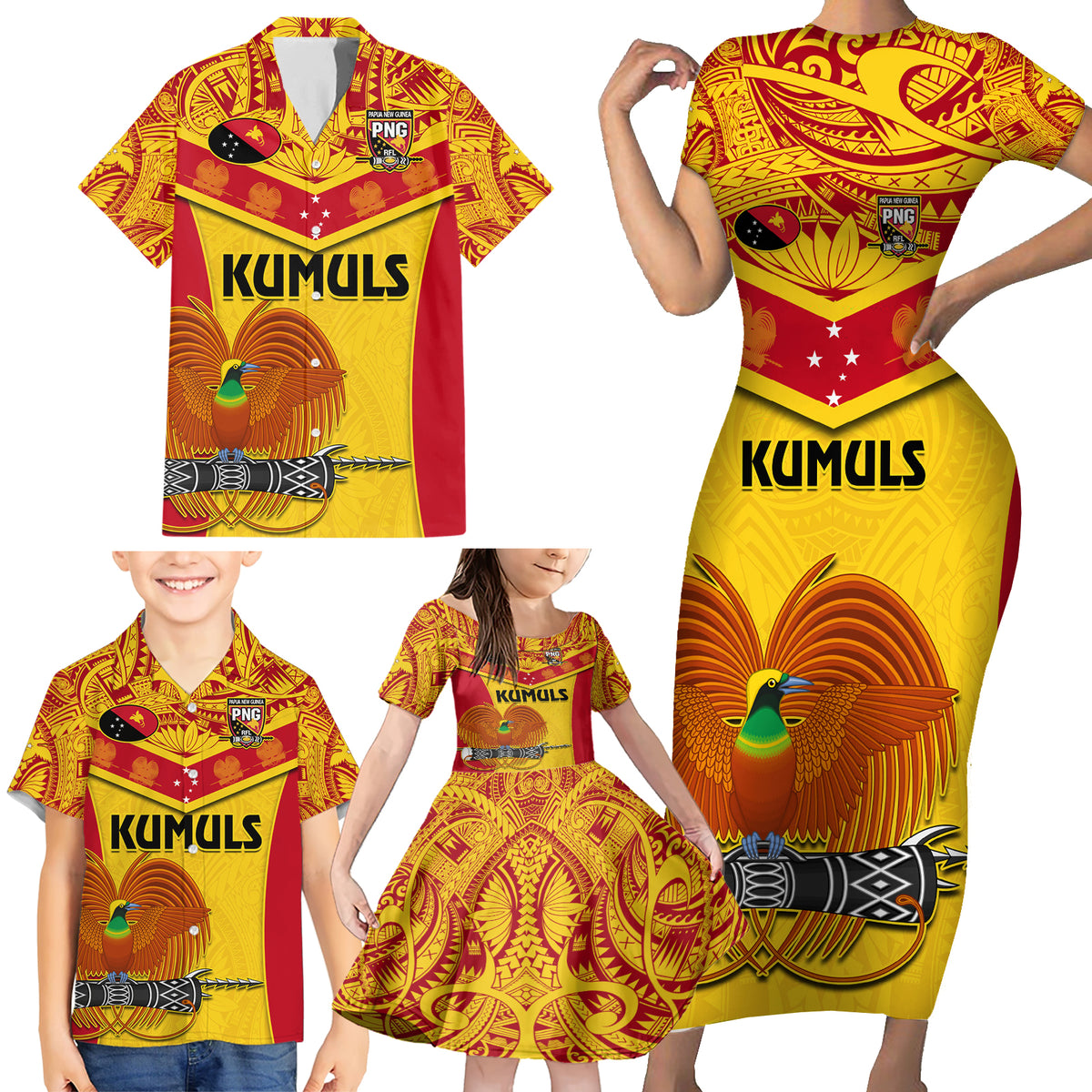 Custom Papua New Guinea Rugby Family Matching Short Sleeve Bodycon Dress and Hawaiian Shirt 2023 Go Kumuls Pacific Dynamic Style - Wonder Print Shop