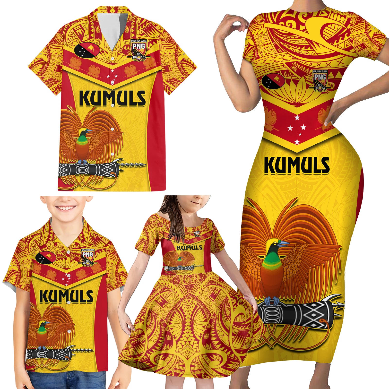 Custom Papua New Guinea Rugby Family Matching Short Sleeve Bodycon Dress and Hawaiian Shirt 2023 Go Kumuls Pacific Dynamic Style - Wonder Print Shop