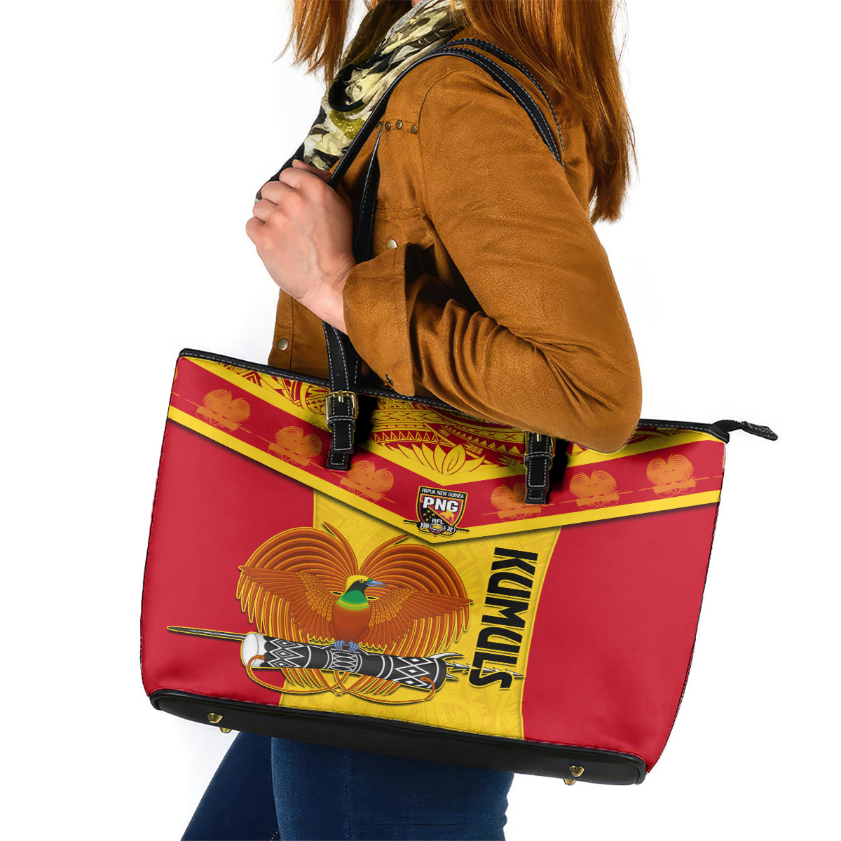 Papua New Guinea Rugby Leather Tote Bag 2023 Go Kumuls Pacific Dynamic Style - Wonder Print Shop