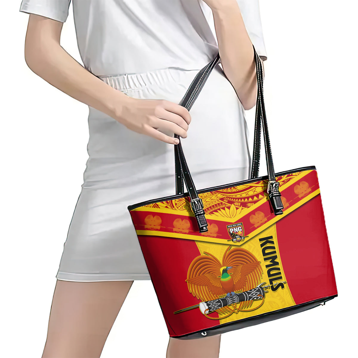 Custom Papua New Guinea Rugby Leather Tote Bag 2023 Go Kumuls Pacific Dynamic Style - Wonder Print Shop