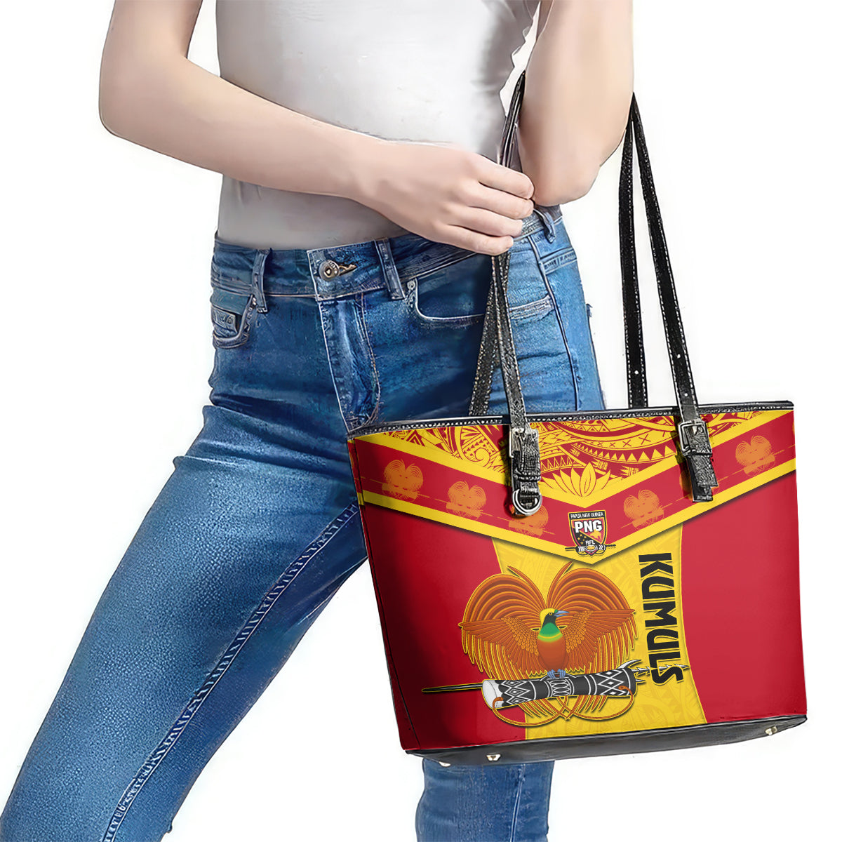 Custom Papua New Guinea Rugby Leather Tote Bag 2023 Go Kumuls Pacific Dynamic Style - Wonder Print Shop