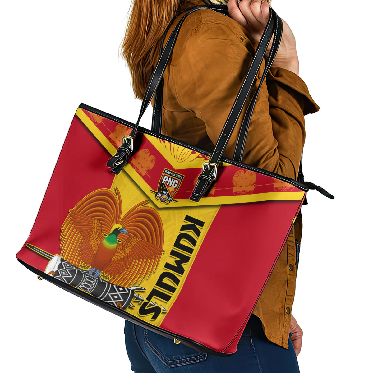 Custom Papua New Guinea Rugby Leather Tote Bag 2023 Go Kumuls Pacific Dynamic Style - Wonder Print Shop