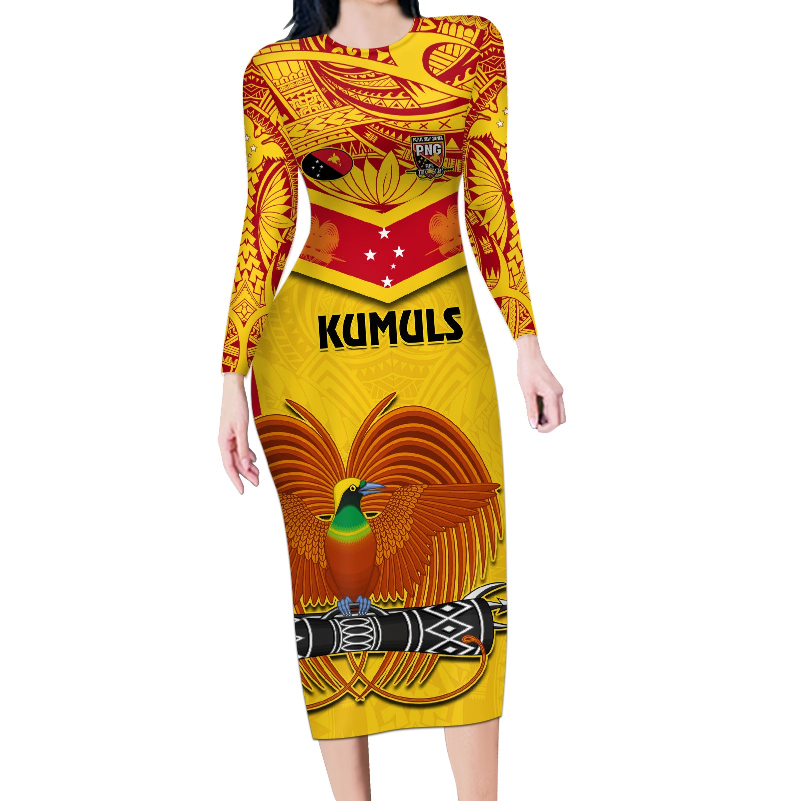 Custom Papua New Guinea Rugby Long Sleeve Bodycon Dress 2023 Go Kumuls Pacific Dynamic Style - Wonder Print Shop