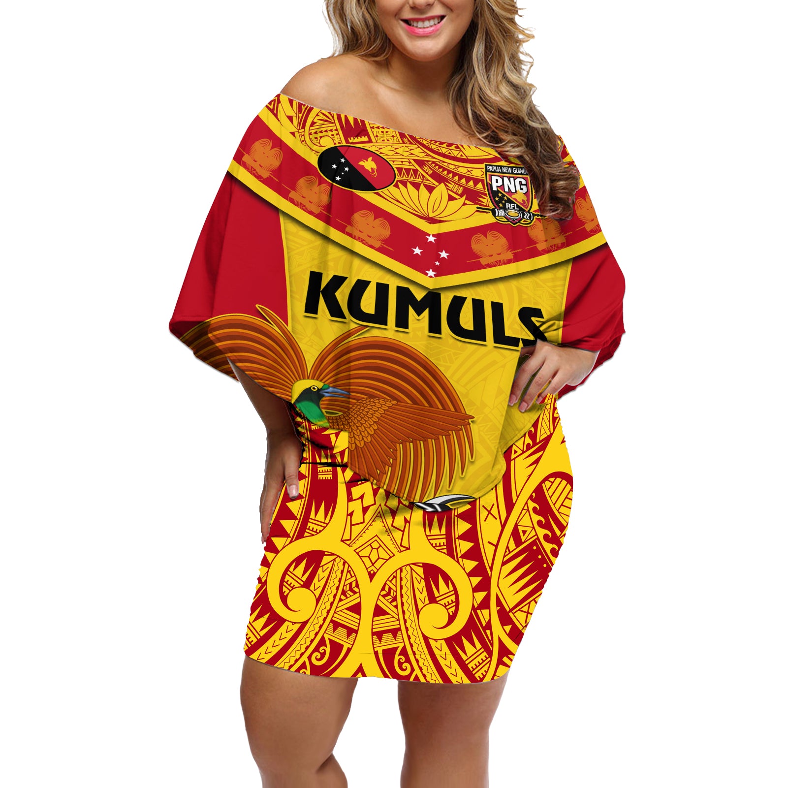 Custom Papua New Guinea Rugby Off Shoulder Short Dress 2023 Go Kumuls Pacific Dynamic Style - Wonder Print Shop