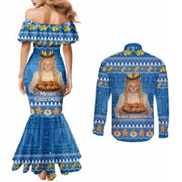 Sweden Christmas Couples Matching Mermaid Dress and Long Sleeve Button Shirt God Jul! Santa Lucia