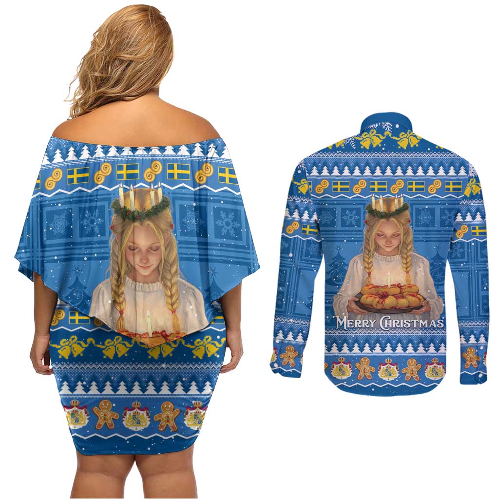 Sweden Christmas Couples Matching Off Shoulder Short Dress and Long Sleeve Button Shirt God Jul! Santa Lucia - Wonder Print Shop