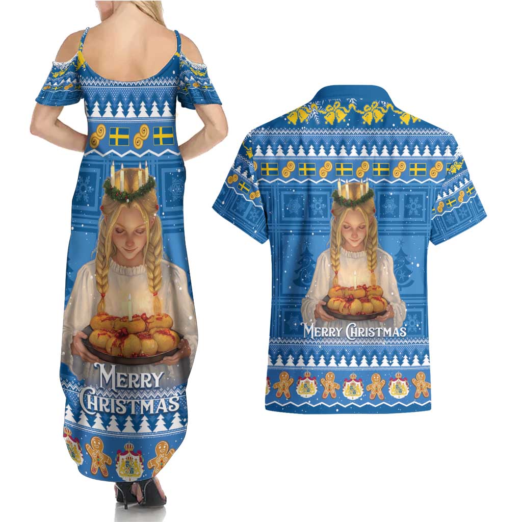 Sweden Christmas Couples Matching Summer Maxi Dress and Hawaiian Shirt God Jul! Santa Lucia - Wonder Print Shop