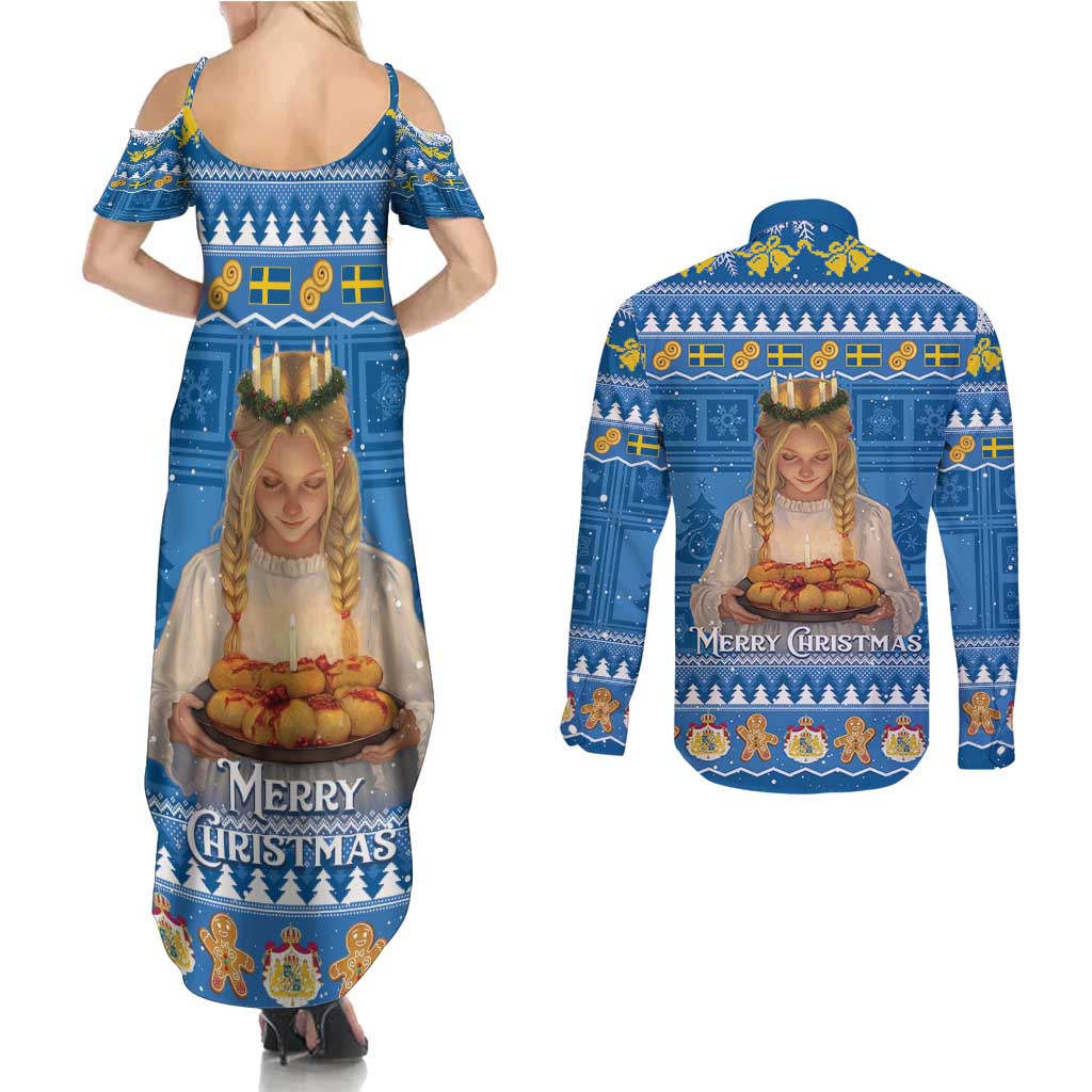 Sweden Christmas Couples Matching Summer Maxi Dress and Long Sleeve Button Shirt God Jul! Santa Lucia - Wonder Print Shop