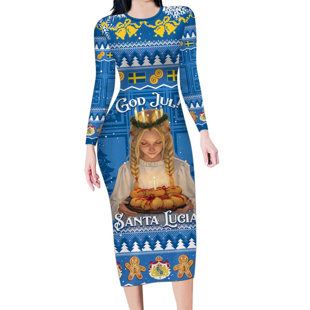 Sweden Christmas Family Matching Long Sleeve Bodycon Dress and Hawaiian Shirt God Jul! Santa Lucia - Wonder Print Shop