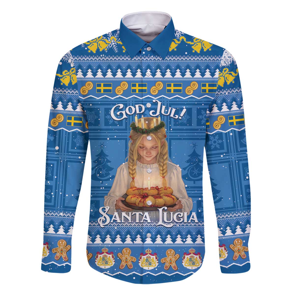 Sweden Christmas Family Matching Off The Shoulder Long Sleeve Dress and Hawaiian Shirt God Jul! Santa Lucia - Wonder Print Shop
