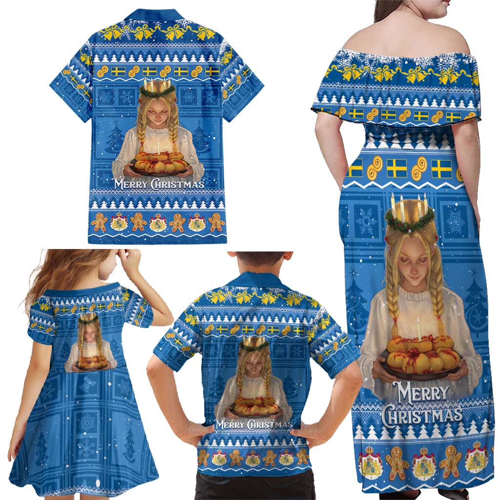 Sweden Christmas Family Matching Off Shoulder Maxi Dress and Hawaiian Shirt God Jul! Santa Lucia - Wonder Print Shop