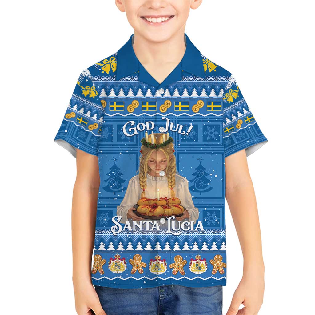 Sweden Christmas Family Matching Off Shoulder Short Dress and Hawaiian Shirt God Jul! Santa Lucia - Wonder Print Shop