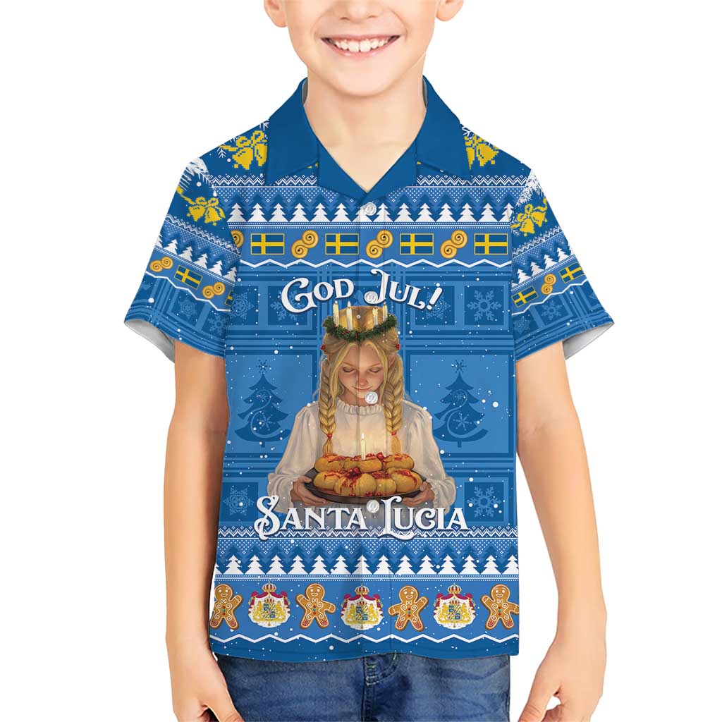 Sweden Christmas Family Matching Short Sleeve Bodycon Dress and Hawaiian Shirt God Jul! Santa Lucia - Wonder Print Shop