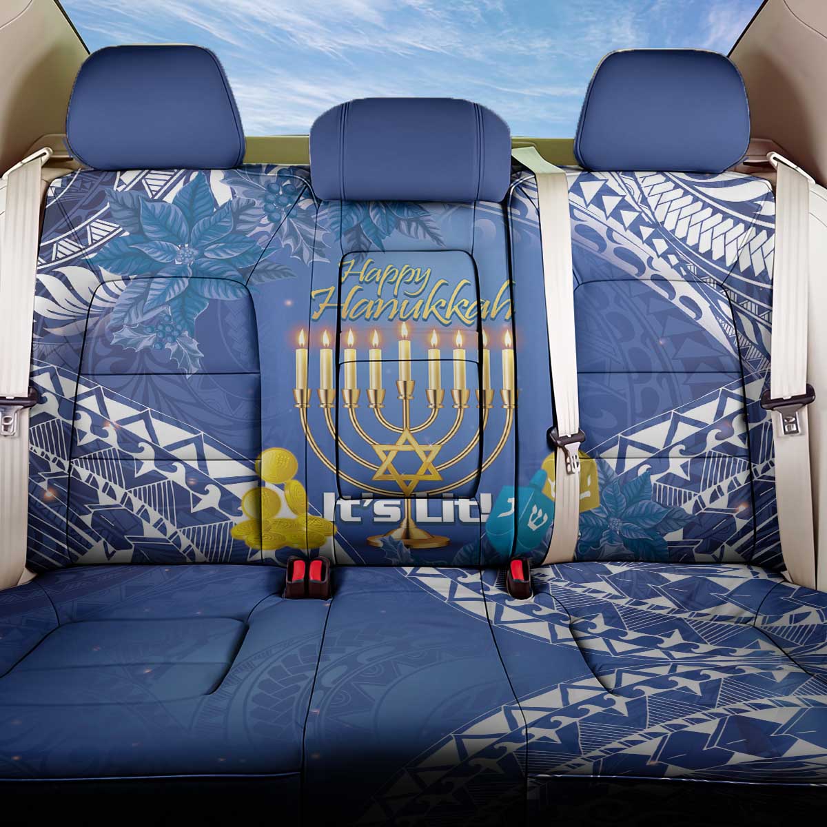Hanukkah Jewish Festival Back Car Seat Cover It's Lit - Polynesian Pattern - Wonder Print Shop
