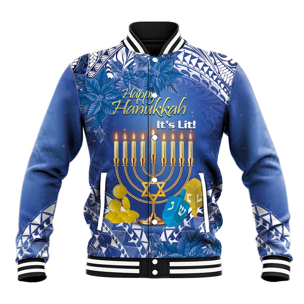 Personalised Hanukkah Jewish Festival Baseball Jacket It's Lit - Polynesian Pattern - Wonder Print Shop
