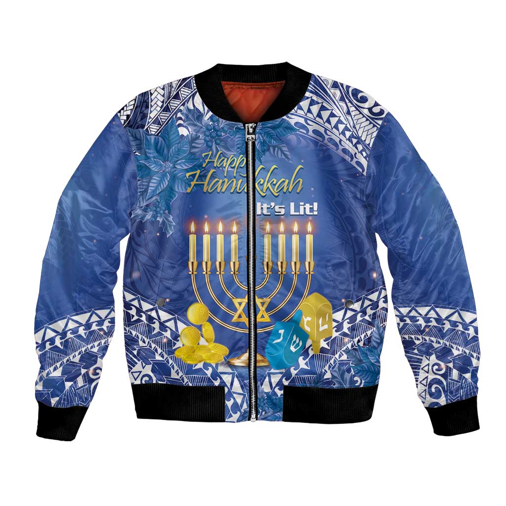 Personalised Hanukkah Jewish Festival Bomber Jacket It's Lit - Polynesian Pattern - Wonder Print Shop
