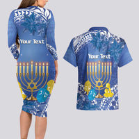 Personalised Hanukkah Jewish Festival Couples Matching Long Sleeve Bodycon Dress and Hawaiian Shirt It's Lit - Polynesian Pattern - Wonder Print Shop