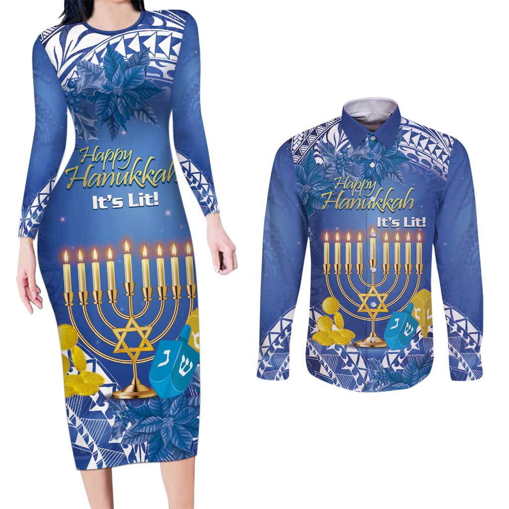 Personalised Hanukkah Jewish Festival Couples Matching Long Sleeve Bodycon Dress and Long Sleeve Button Shirt It's Lit - Polynesian Pattern - Wonder Print Shop