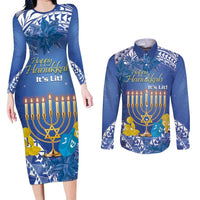 Personalised Hanukkah Jewish Festival Couples Matching Long Sleeve Bodycon Dress and Long Sleeve Button Shirt It's Lit - Polynesian Pattern - Wonder Print Shop