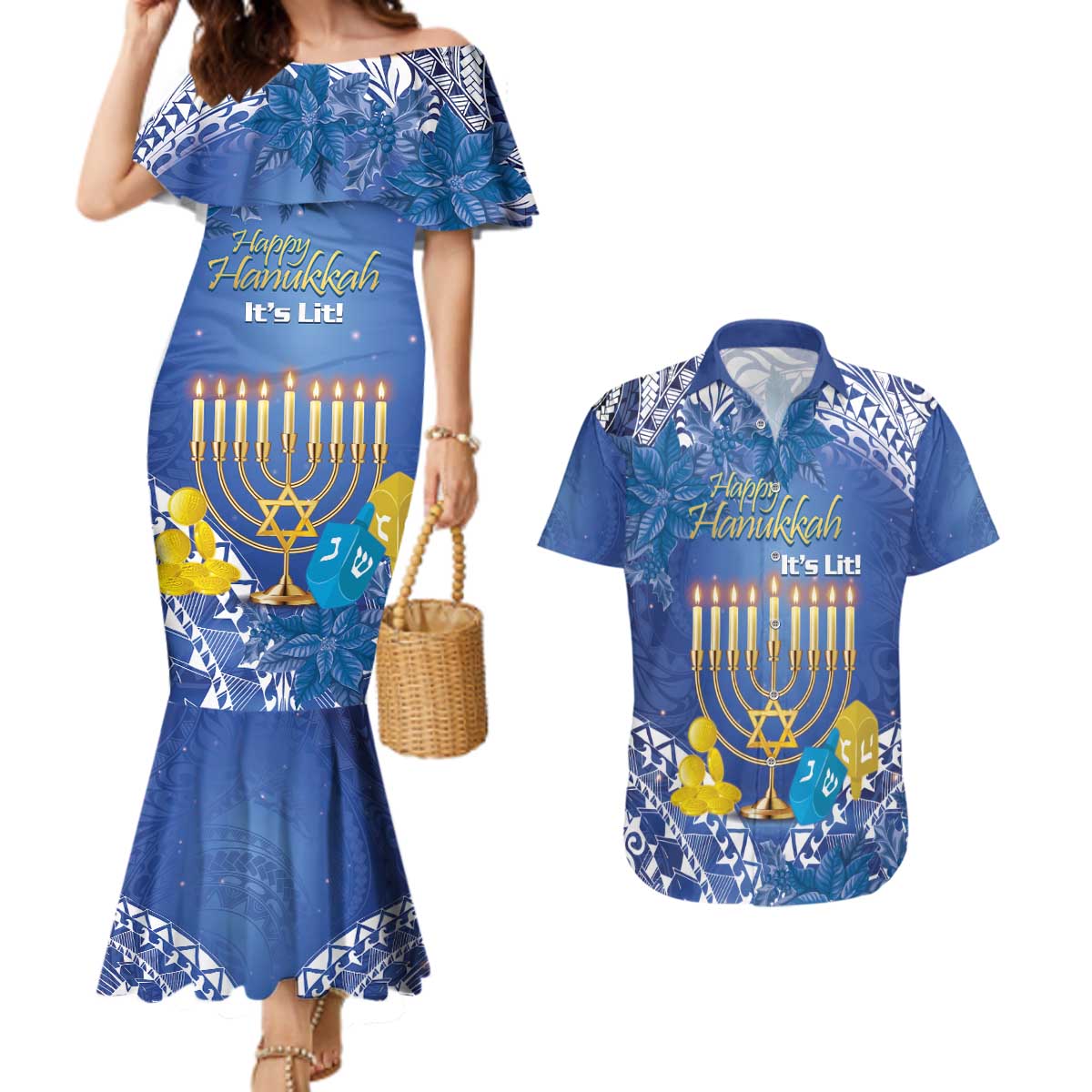 Personalised Hanukkah Jewish Festival Couples Matching Mermaid Dress and Hawaiian Shirt It's Lit - Polynesian Pattern - Wonder Print Shop