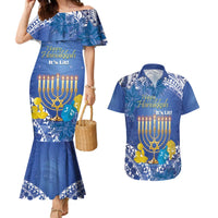 Personalised Hanukkah Jewish Festival Couples Matching Mermaid Dress and Hawaiian Shirt It's Lit - Polynesian Pattern - Wonder Print Shop