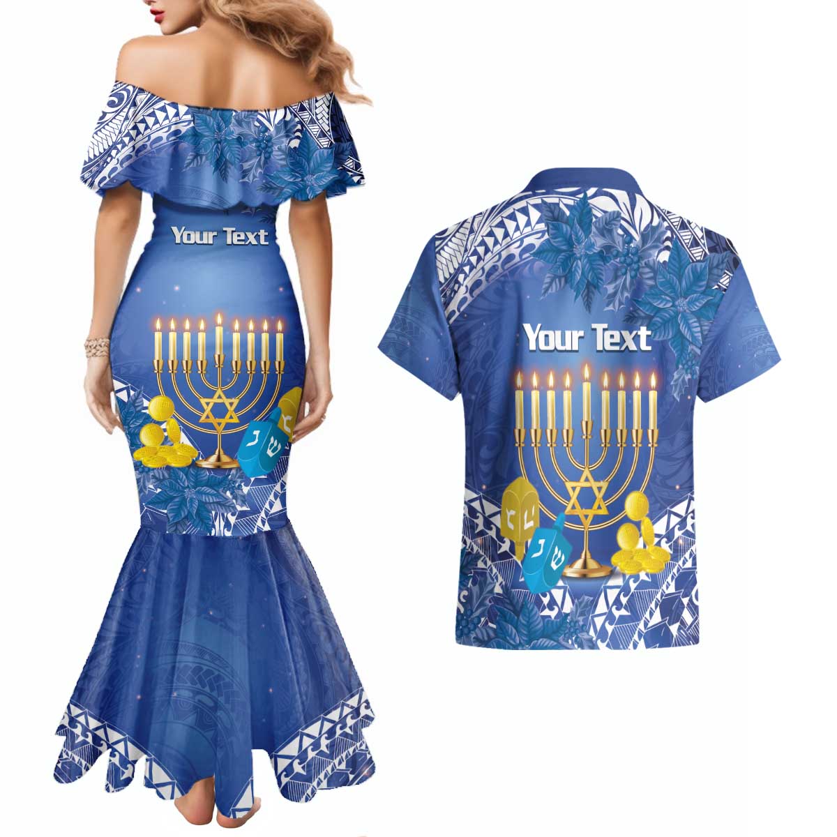Personalised Hanukkah Jewish Festival Couples Matching Mermaid Dress and Hawaiian Shirt It's Lit - Polynesian Pattern - Wonder Print Shop