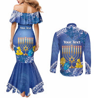 Personalised Hanukkah Jewish Festival Couples Matching Mermaid Dress and Long Sleeve Button Shirt It's Lit - Polynesian Pattern