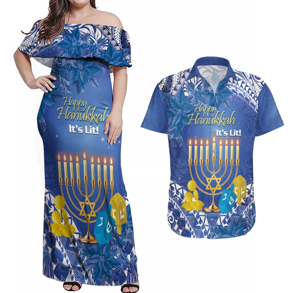 Personalised Hanukkah Jewish Festival Couples Matching Off Shoulder Maxi Dress and Hawaiian Shirt It's Lit - Polynesian Pattern - Wonder Print Shop
