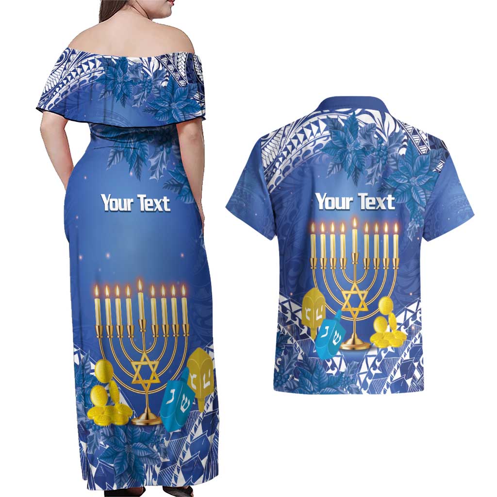 Personalised Hanukkah Jewish Festival Couples Matching Off Shoulder Maxi Dress and Hawaiian Shirt It's Lit - Polynesian Pattern - Wonder Print Shop