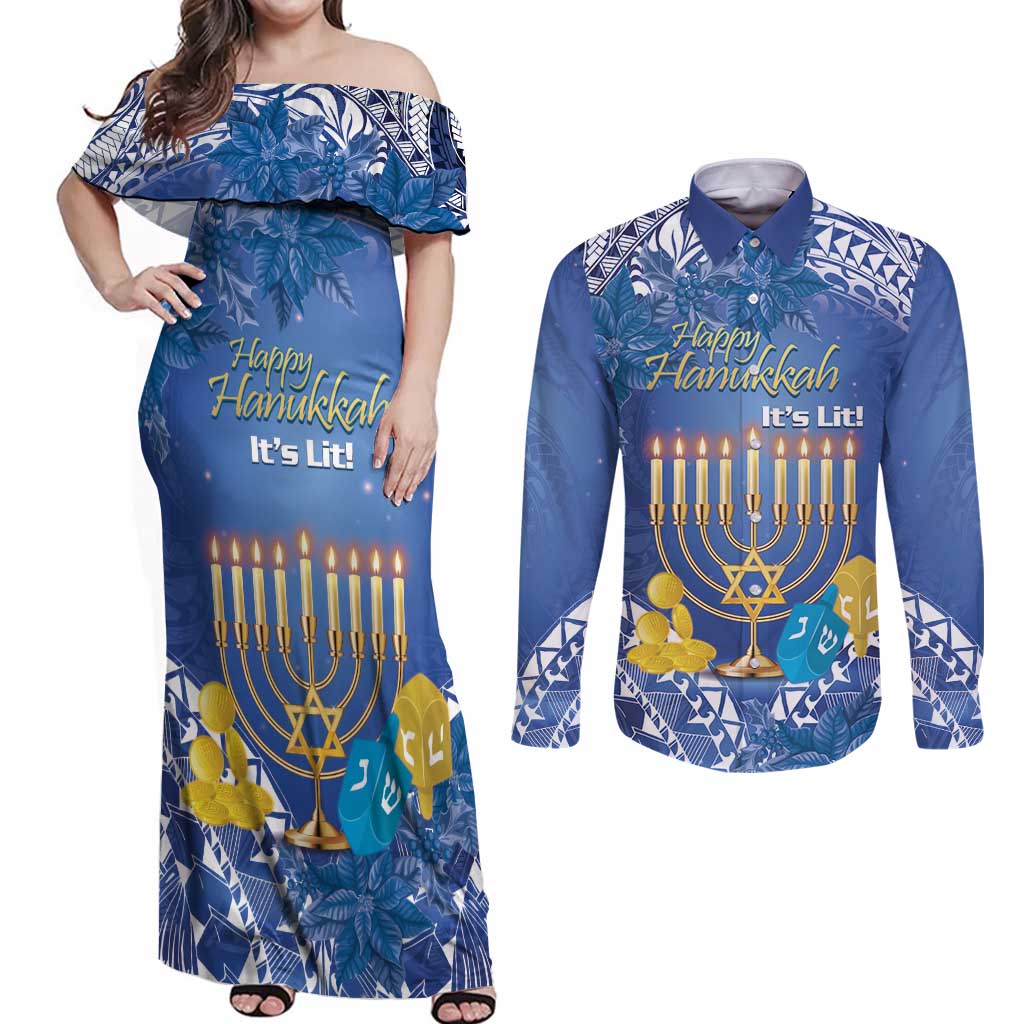 Personalised Hanukkah Jewish Festival Couples Matching Off Shoulder Maxi Dress and Long Sleeve Button Shirt It's Lit - Polynesian Pattern - Wonder Print Shop