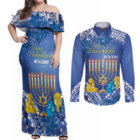 Personalised Hanukkah Jewish Festival Couples Matching Off Shoulder Maxi Dress and Long Sleeve Button Shirt It's Lit - Polynesian Pattern - Wonder Print Shop