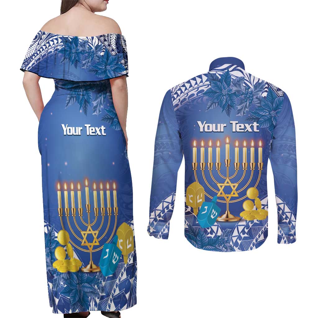 Personalised Hanukkah Jewish Festival Couples Matching Off Shoulder Maxi Dress and Long Sleeve Button Shirt It's Lit - Polynesian Pattern - Wonder Print Shop