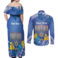 Personalised Hanukkah Jewish Festival Couples Matching Off Shoulder Maxi Dress and Long Sleeve Button Shirt It's Lit - Polynesian Pattern - Wonder Print Shop