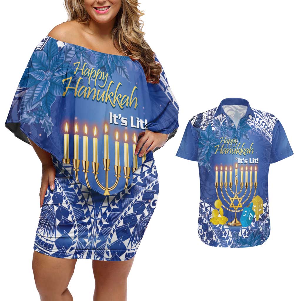 Personalised Hanukkah Jewish Festival Couples Matching Off Shoulder Short Dress and Hawaiian Shirt It's Lit - Polynesian Pattern - Wonder Print Shop
