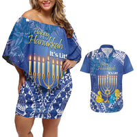 Personalised Hanukkah Jewish Festival Couples Matching Off Shoulder Short Dress and Hawaiian Shirt It's Lit - Polynesian Pattern - Wonder Print Shop
