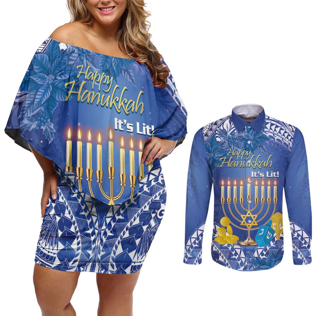 Personalised Hanukkah Jewish Festival Couples Matching Off Shoulder Short Dress and Long Sleeve Button Shirt It's Lit - Polynesian Pattern - Wonder Print Shop
