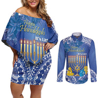 Personalised Hanukkah Jewish Festival Couples Matching Off Shoulder Short Dress and Long Sleeve Button Shirt It's Lit - Polynesian Pattern - Wonder Print Shop