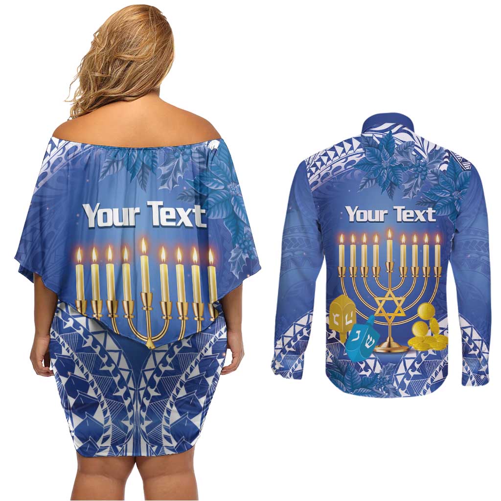 Personalised Hanukkah Jewish Festival Couples Matching Off Shoulder Short Dress and Long Sleeve Button Shirt It's Lit - Polynesian Pattern - Wonder Print Shop
