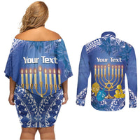 Personalised Hanukkah Jewish Festival Couples Matching Off Shoulder Short Dress and Long Sleeve Button Shirt It's Lit - Polynesian Pattern - Wonder Print Shop